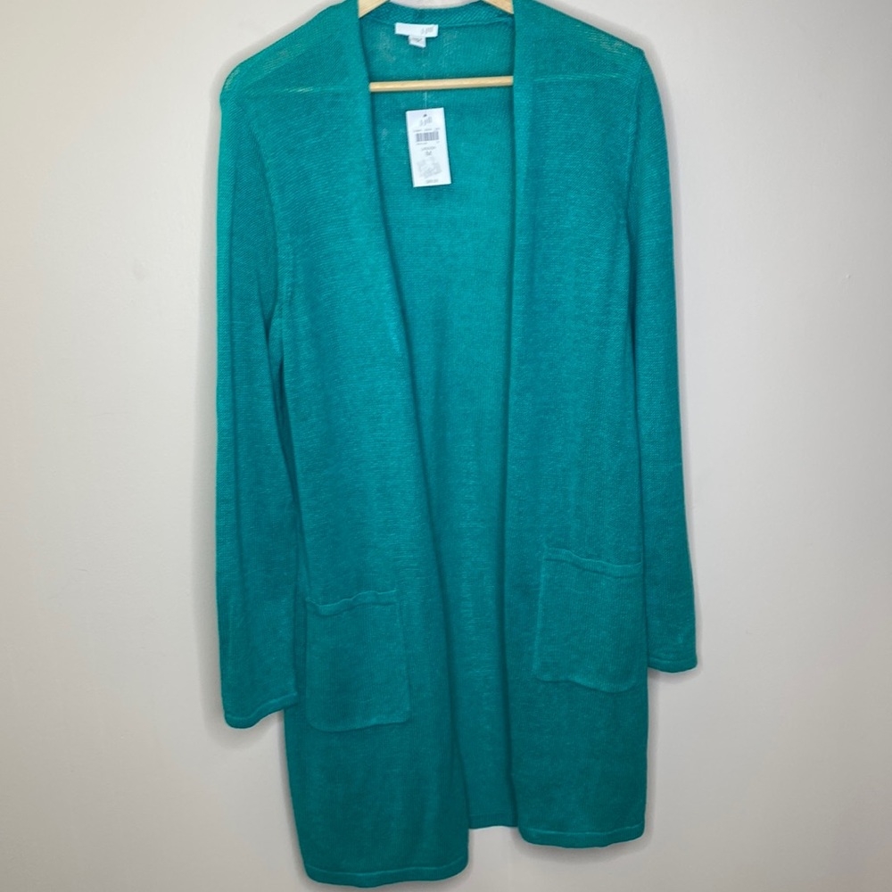 NWT J Jill Linen Blend Teal Color Long Open Cardigan SZ M  light Weight/Coastal